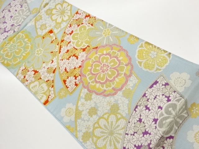 JAPANESE KIMONO / FUKURO OBI / SILK / WOVEN JIGAMI & FLORAL CREST & FLOWERS